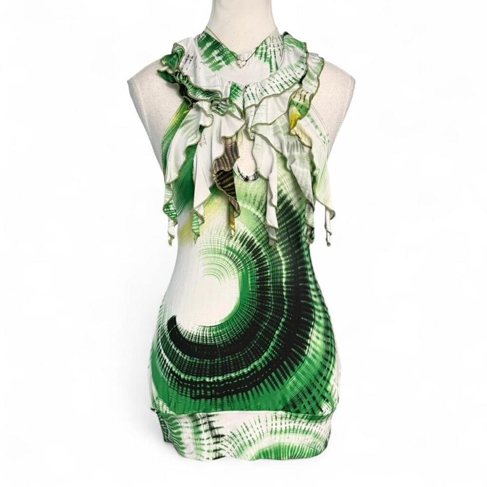 Green Y2K 2000s Tropical Vintage Halter Open Back Top Beachy Top size M Orange